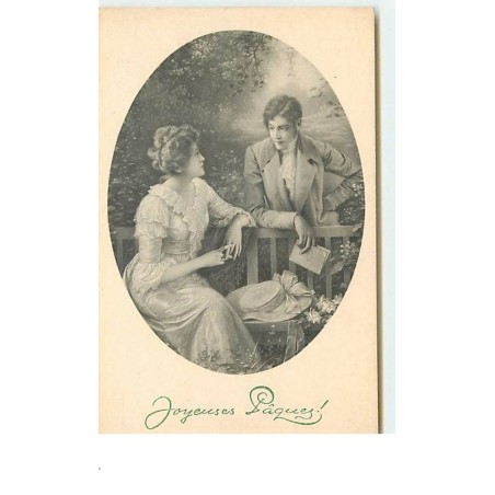 n°13607 - MM Vienne n°644 - Joyeuses Pâques - Couple, la jeune femme sur un banc ... dans un médaillon