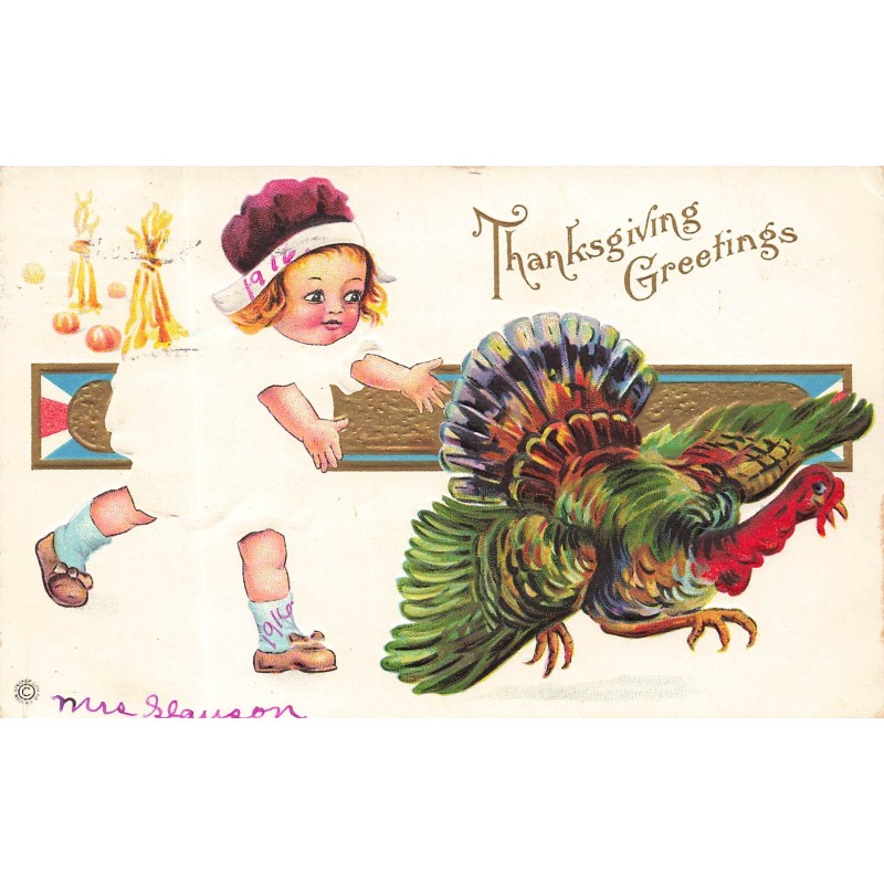 n°29412 - Carte Gaufrée -Thanksgiving Greetings - Fillette courrant après une dinde