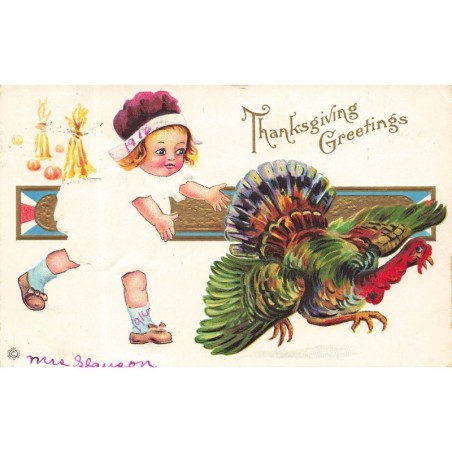 n°29412 - Carte Gaufrée -Thanksgiving Greetings - Fillette courrant après une dinde