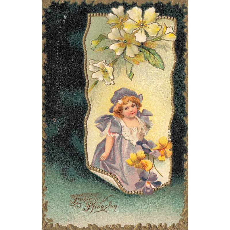 n°29413 - Carte Gaufrée - Clapsaddle - Fröhliche Pfingsten- Fillette entourée de fleurs