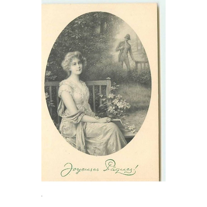 n°13608 - MM Vienne n°644 - Joyeuses Pâques - Jeune femme sur un banc, un homme au fond ... dans un médaillon
