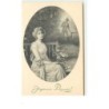 n°13608 - MM Vienne n°644 - Joyeuses Pâques - Jeune femme sur un banc, un homme au fond ... dans un médaillon