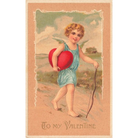 n°29415 - Carte Gaufrée - To my Valentine - Cupidon se promenant avec un coeur sous le bras