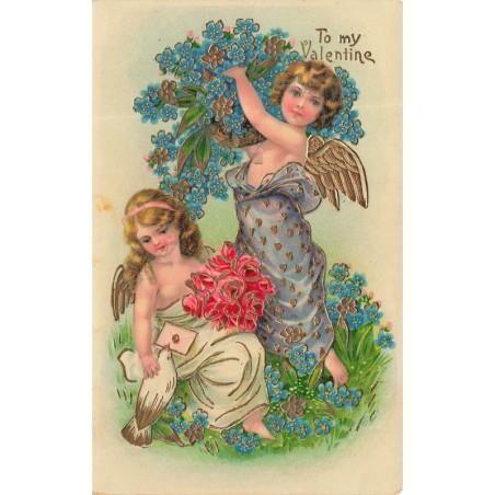 n°29417 - Carte Gaufrée - To my Valentine - Anges avec des roses et des myosotis