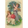 n°29417 - Carte Gaufrée - To my Valentine - Anges avec des roses et des myosotis