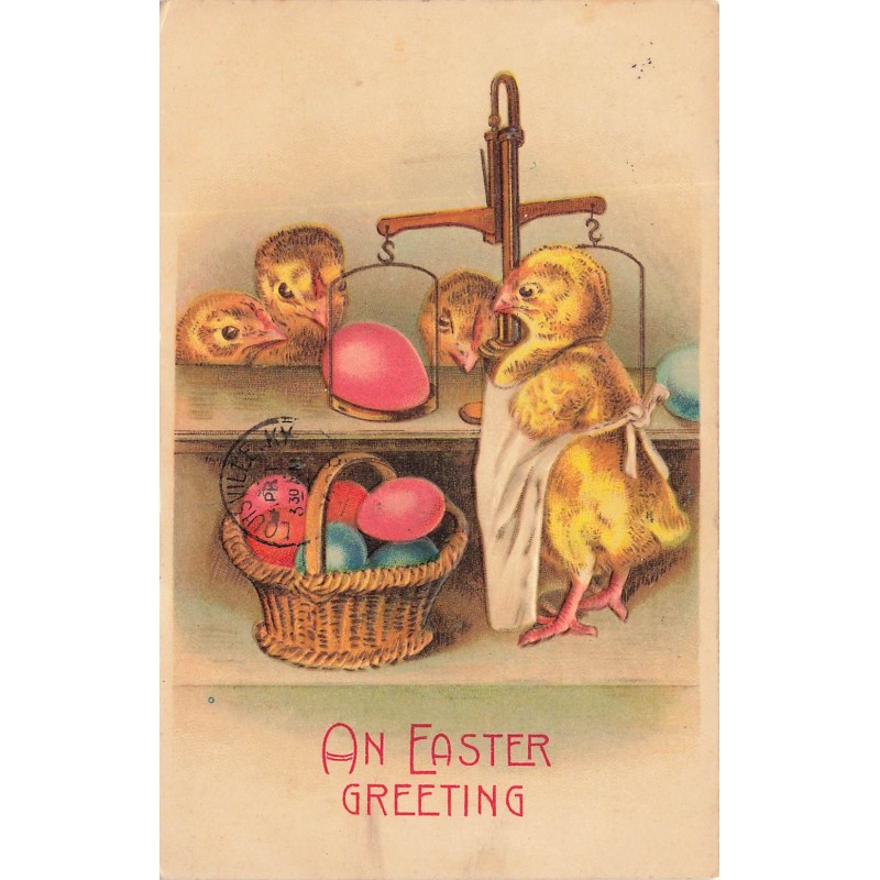 n°29418 - Carte Gaufrée - Pâques - An Easter Greeting - Poussin pesant des oeufs
