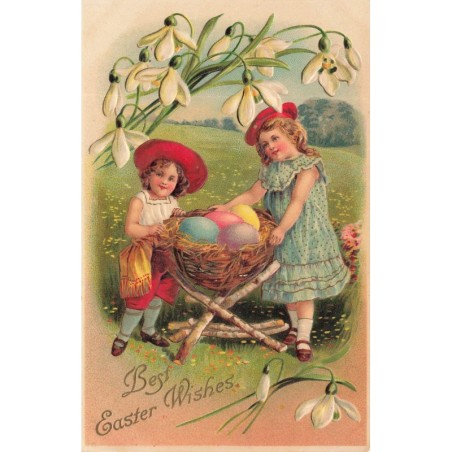 n°29419 - Carte Gaufrée - Best Easter Wishes - Fillettes portant des oeufs dans un nid, sous des crocus