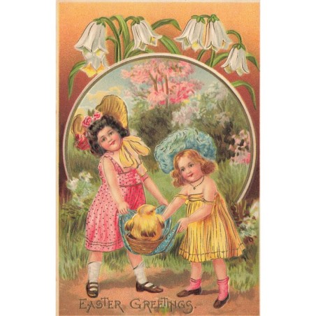 n°29420 - Carte Gaufrée - Pâques - Easter Greetings - Fillettes portant un poussin dans un nid