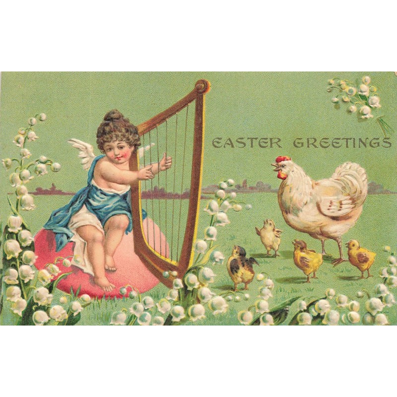 n°29421 - Carte Gaufrée - Easter Greetings - Une poule et ses pousssins, écoutant un ange jouant de la harpe
