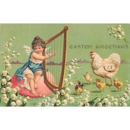 n°29421 - Carte Gaufrée - Easter Greetings - Une poule et ses pousssins, écoutant un ange jouant de la harpe