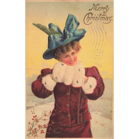 n°29422 - Carte Gaufrée - Merry Christmas - Jeune femme se protégeant les mains avec un manchon