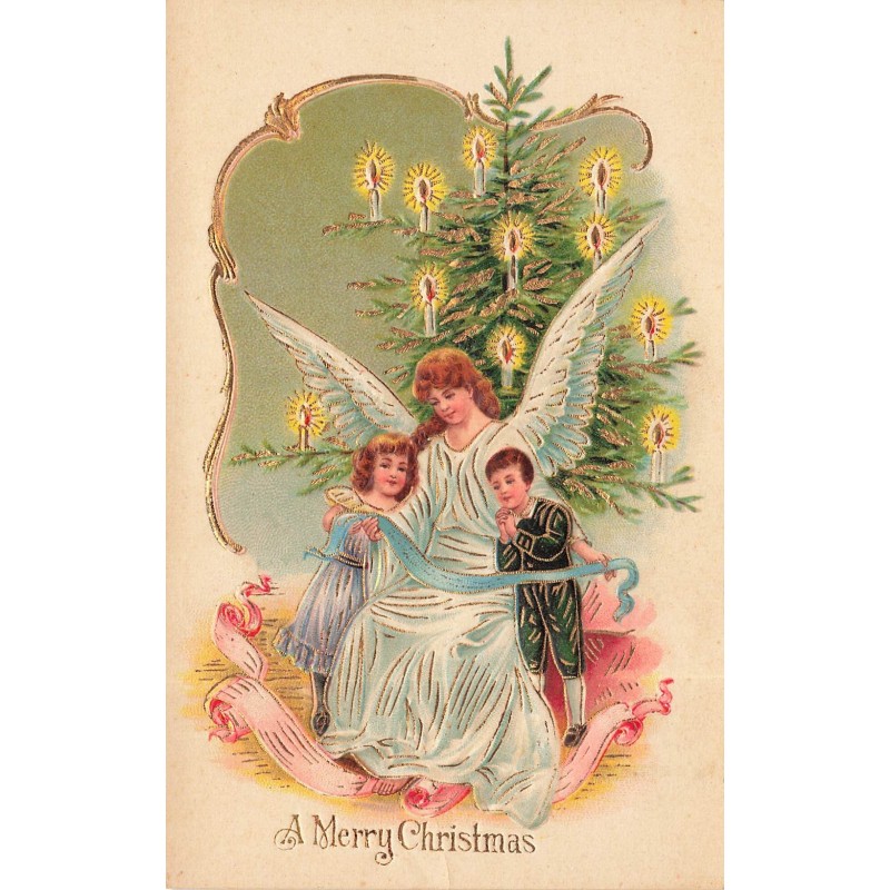 n°29423  - Carte Gaufrée - A Merry Christmas - Enfants autour d'un ange gardien près d'un sapin
