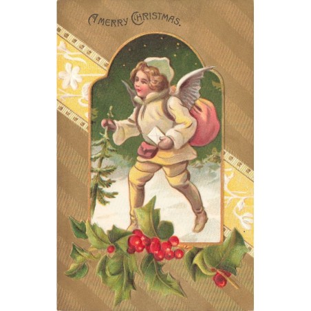 n°29424  - Carte Gaufrée - Noël - A Merry Christmas - Ange randonneur