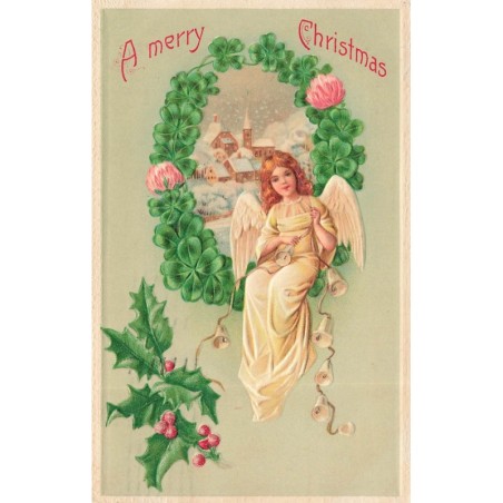 n°29426  - Carte Gaufrée - Noël - A Merry Christmas - Ange tenant une guirlande de clochettes