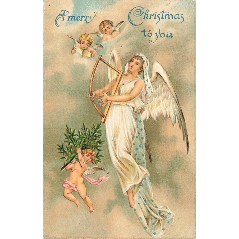 n°29427  - Carte Gaufrée - Noël - A Merry Christmas to you - Anges autour d'un Ange Gardien tenant une lyre