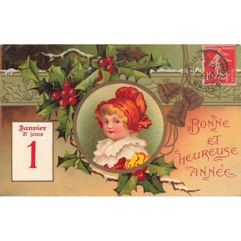 n°29429 - Clapsaddle - Bonne et Heureuse Année - Fillette dans un médaillon entouré de houx et de cloches
