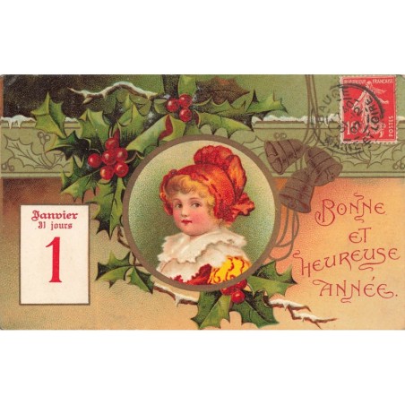 n°29429 - Clapsaddle - Bonne et Heureuse Année - Fillette dans un médaillon entouré de houx et de cloches