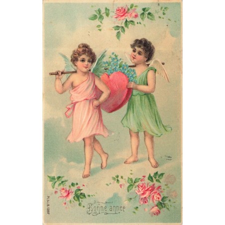 n°29434 - Carte Gaufrée - MSIB 13017 - Bonne Année - Anges transportant un coeur