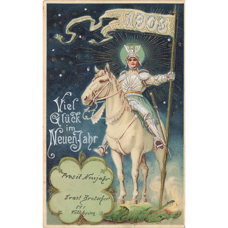 n°29437 - Carte Gaufrée - Viel Glück im Neuen Jahr 1903 - Un chevalier en armure à cheval
