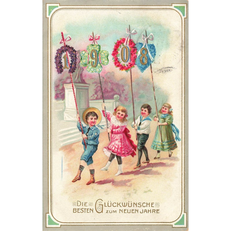 n°29438 - Carte Gaufrée - Nouvel An - Die besten Glückwünsche zum Neuen Jahre1908 - Défilé d'enfants