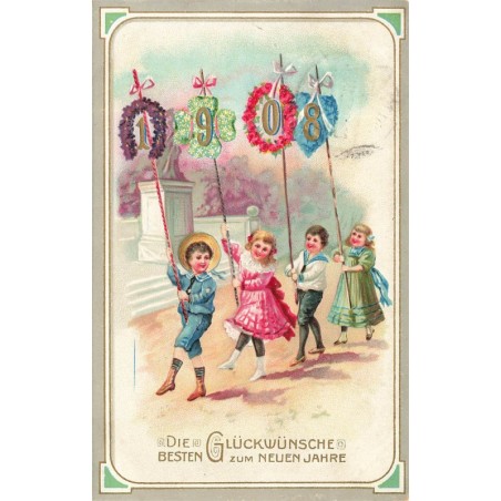 n°29438 - Carte Gaufrée - Nouvel An - Die besten Glückwünsche zum Neuen Jahre1908 - Défilé d'enfants