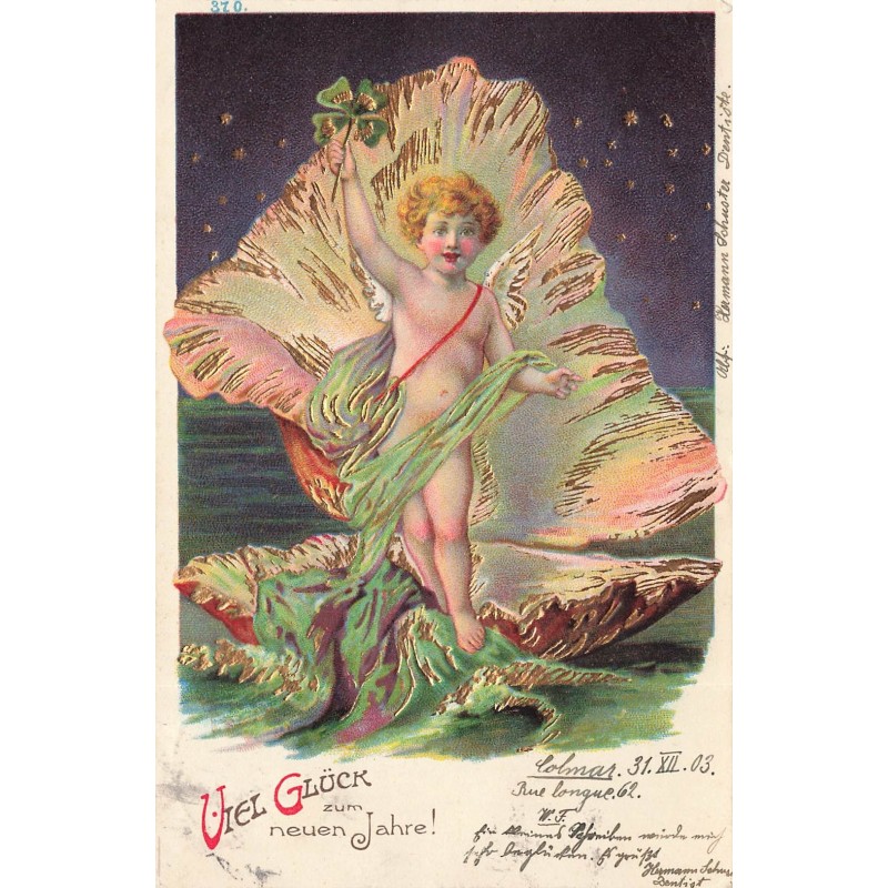 n°29439 - Carte Gaufrée - Nouvel An - Viel Glück zum Neuen Jahre - Ange dans un coquillage, tenant un trèfle