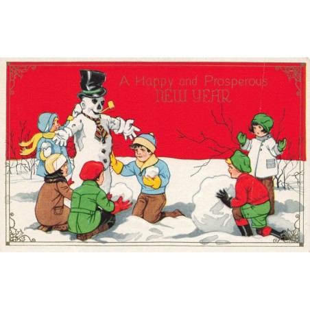 n°29441 - Carte Gaufrée - Nouvel An -A Happy and Prosperous New Year - Enfants faisant un bonhomme de neige