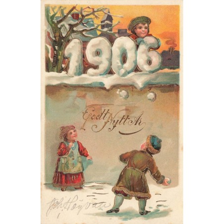 n°29443 - Nouvel An - Godt Nytt Ar - 1906 - Enfants faisant une bataille de boules de neige