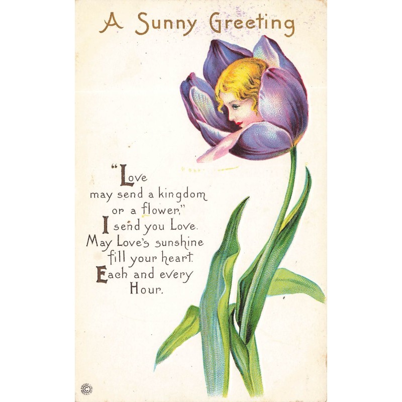 n°29444 - Carte Gaufrée- Fantaisie - A Sunny Greeting - Visage d'une fillette dans une tulipe - surréalisme