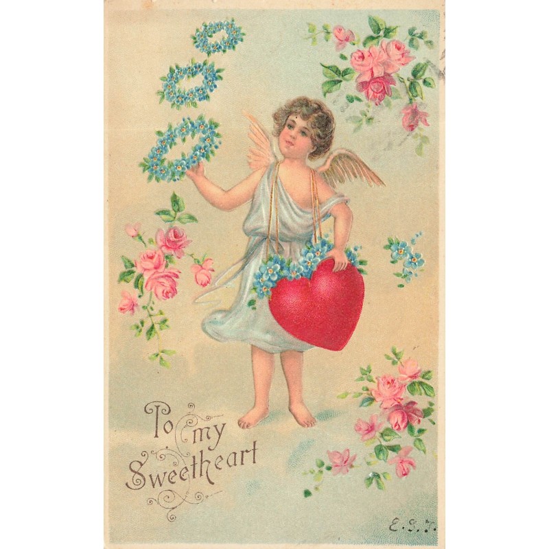 n°29447 - Carte Gaufrée - Fantaisie - To my Sweetheart- Ange avec des couronnes de myosotis