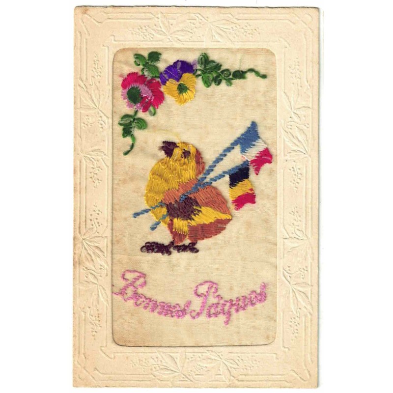n°29452 - Carte Brodée- Bonnes Pâques - Poussin portant des drapeaux