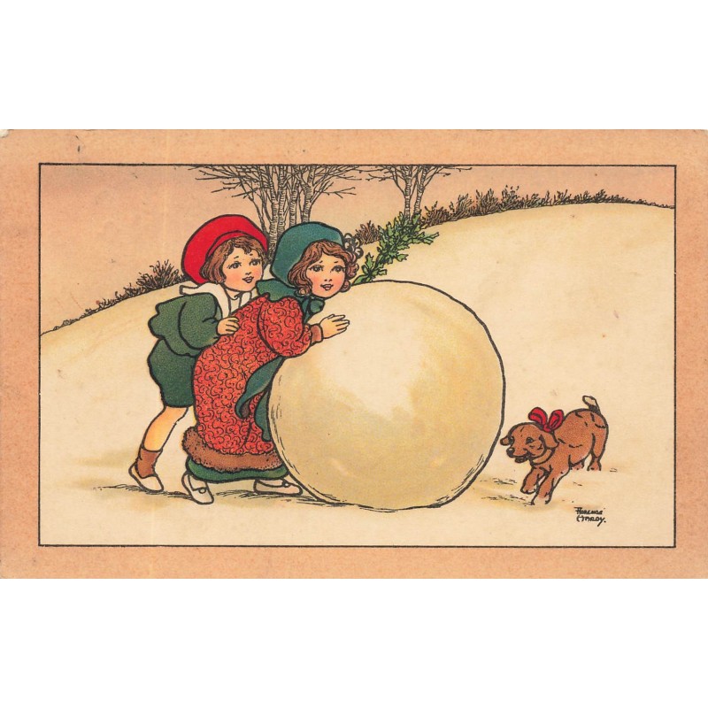 n°29455 - Illustrateur Florence Hardy - Enfants faisant une énorme boule de neige avec un petit chien