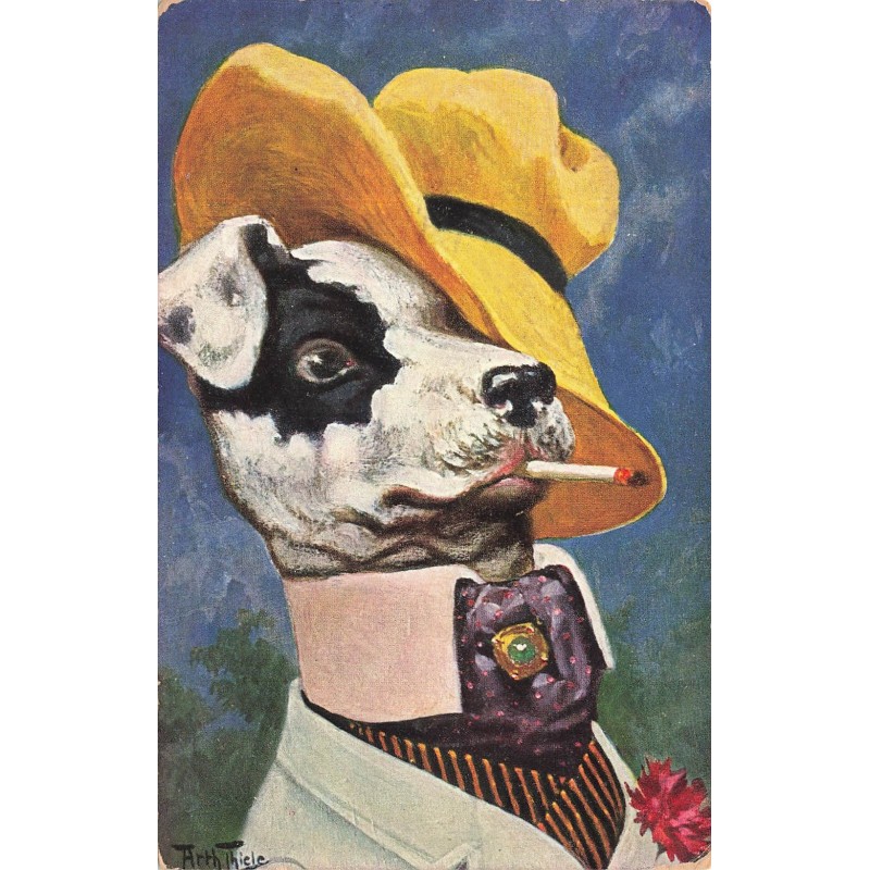 n°29457 - Illustrateur Arthur Thiele - Chien habillé avec un costume, et un chapeau,  fumant