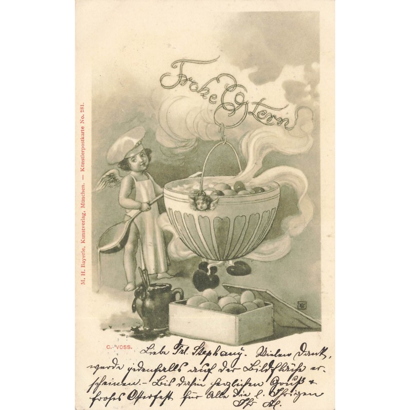 n°29460 - Pâques - Fröhe Ostern - Ange en tenu de cuistot, faisant cuire des oeufs