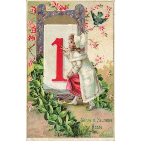 n°29463 - Carte Gaufrée - Nouvel An - Bonne et Heuresue Année - Fillette peignant un éphéméride