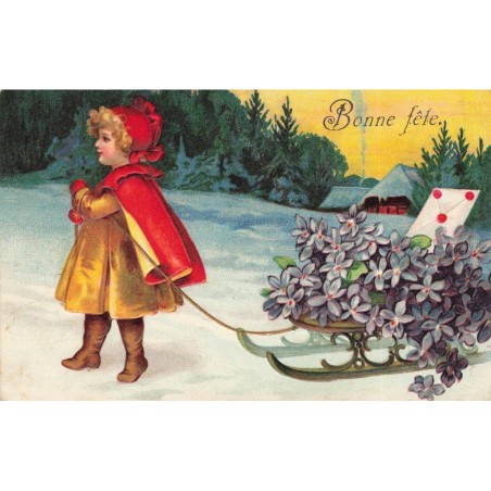 n°29465 - Carte Gaufrée - Clapsaddle - Bonne Fête - Fillette tirant une luge avec des violettes dessus