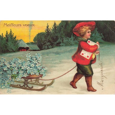 n°29466 - Carte Gaufrée - Clapsaddle - Meilleurs Voeux - Garçon tirant une luge avec des  myosotis