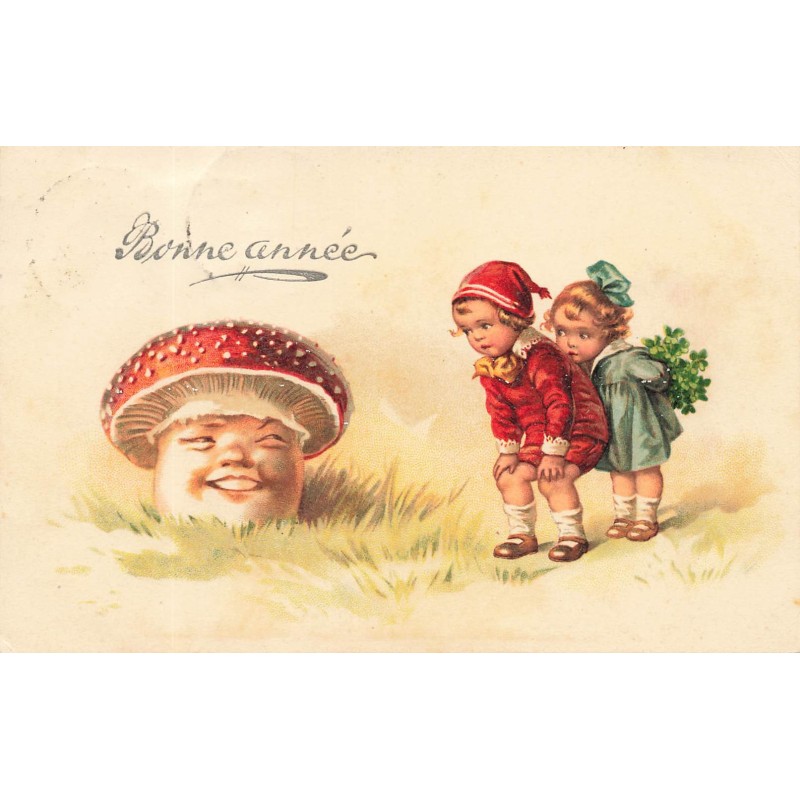 n°29469 - Nouvel An - Bonne Année - Enfants regardant un champignon humanisé