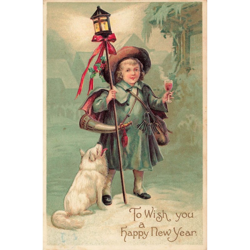 n°29473 - Carte Gaufrée - To wish you a Happy New Year - Chien près d'un veilleur tenant une lanterne