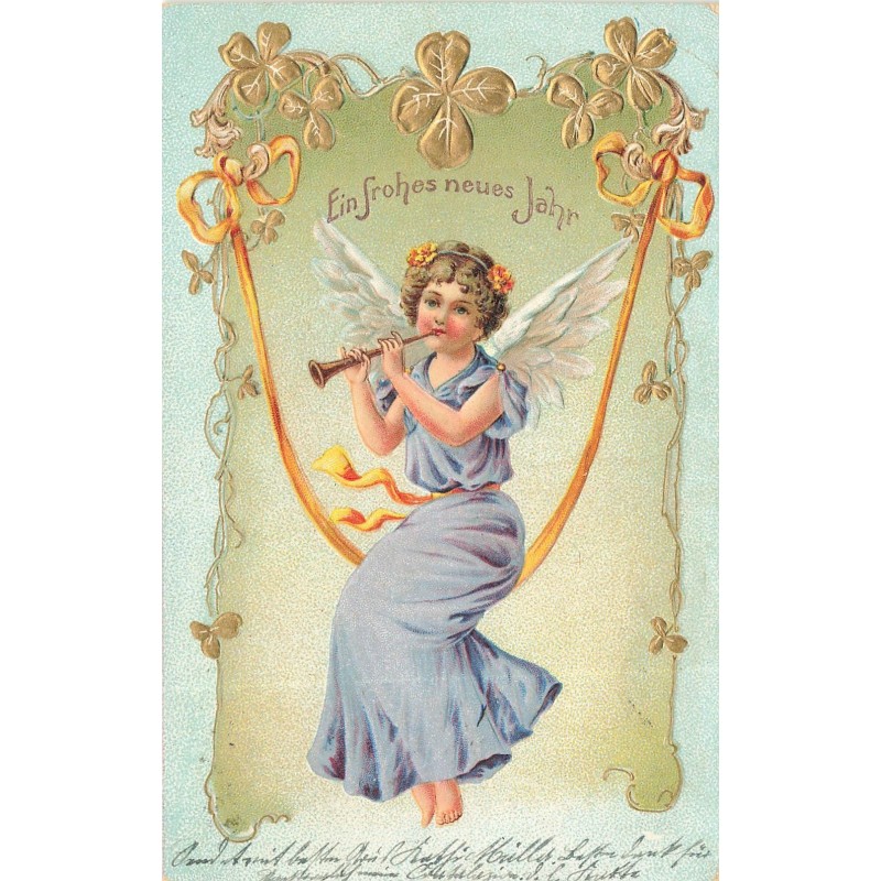 n°29474 - Carte Gaufrée - Nouvel An - Ein frohes neues Jahr - Ange assis sur un ruban, jouant du pipeau