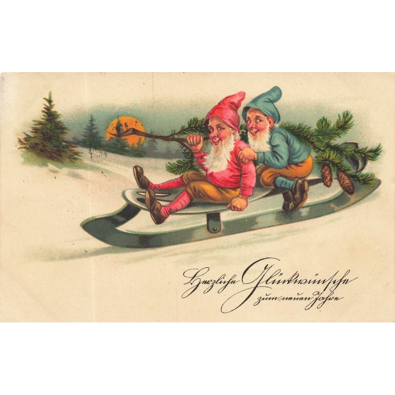 n°29476 - Nouvel An - Nains sur une luge, portant une branche de sapin