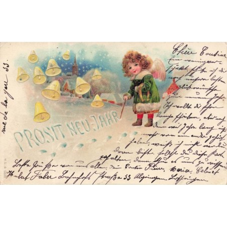 n°29478 - Carte Gaufrée - MSIB 13320 - Prodit Neujahr - Ange écrivant dans la neige - Clochettes