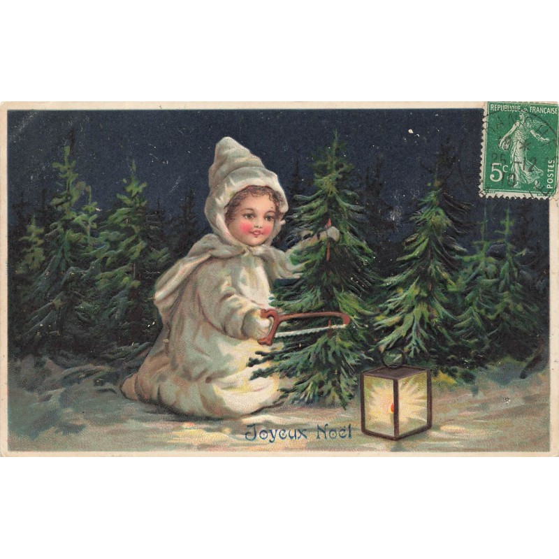 n°29482 - Carte Gaufrée - Joyeux Noël - Enfant coupant un sapin
