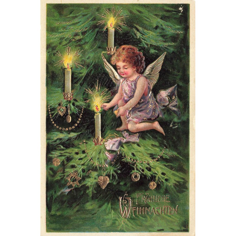 n°29483 - Carte Gaufrée - Noël - Fröhliche Weihnachten - Ange allumant les bougies décorant un sapin