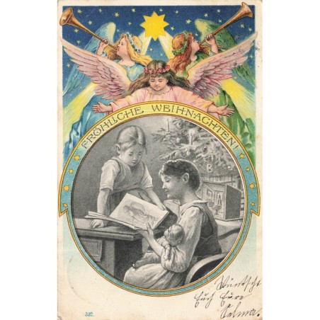n°29485 - Noël - Fröhliche Weihnachten - Anges  veillant sur deux fillettes, l'une tenant une poupée en lisant