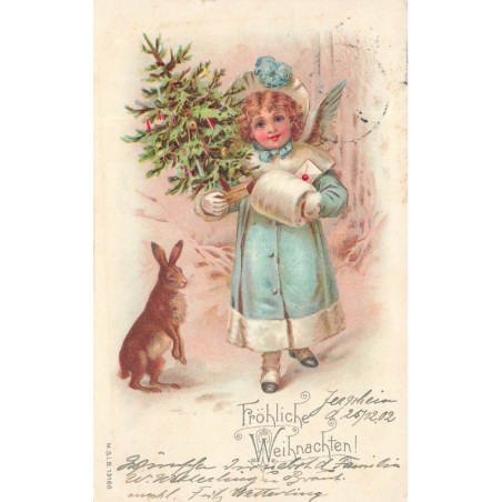 n°29486 - MSIB 13168 - Fröhliche Weihnachten - Ange portant un sapin décoré  près d'un lièvre