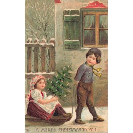 n°29487 - Carte Gaufrée - Noël - A Merry Christmas to you - Garçon tirant une jeune fille assise sur une luge