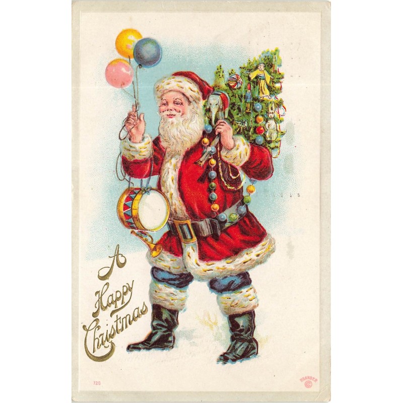n°29489 - Carte Gaufrée - Noël - A Happy Christmas - Père Noël apportant un sapin décoré, et des ballons