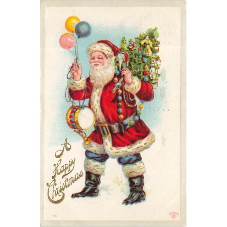 n°29489 - Carte Gaufrée - Noël - A Happy Christmas - Père Noël apportant un sapin décoré, et des ballons