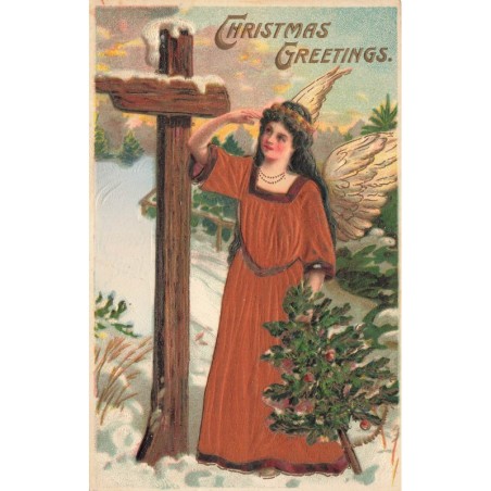 n°29490 - Carte Gaufrée - Noël - Christmas Greetings - Ange gardien tenant un sapin, et regardant au loin